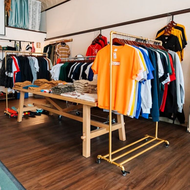 Bright coloured tees hanging among a clothing display.